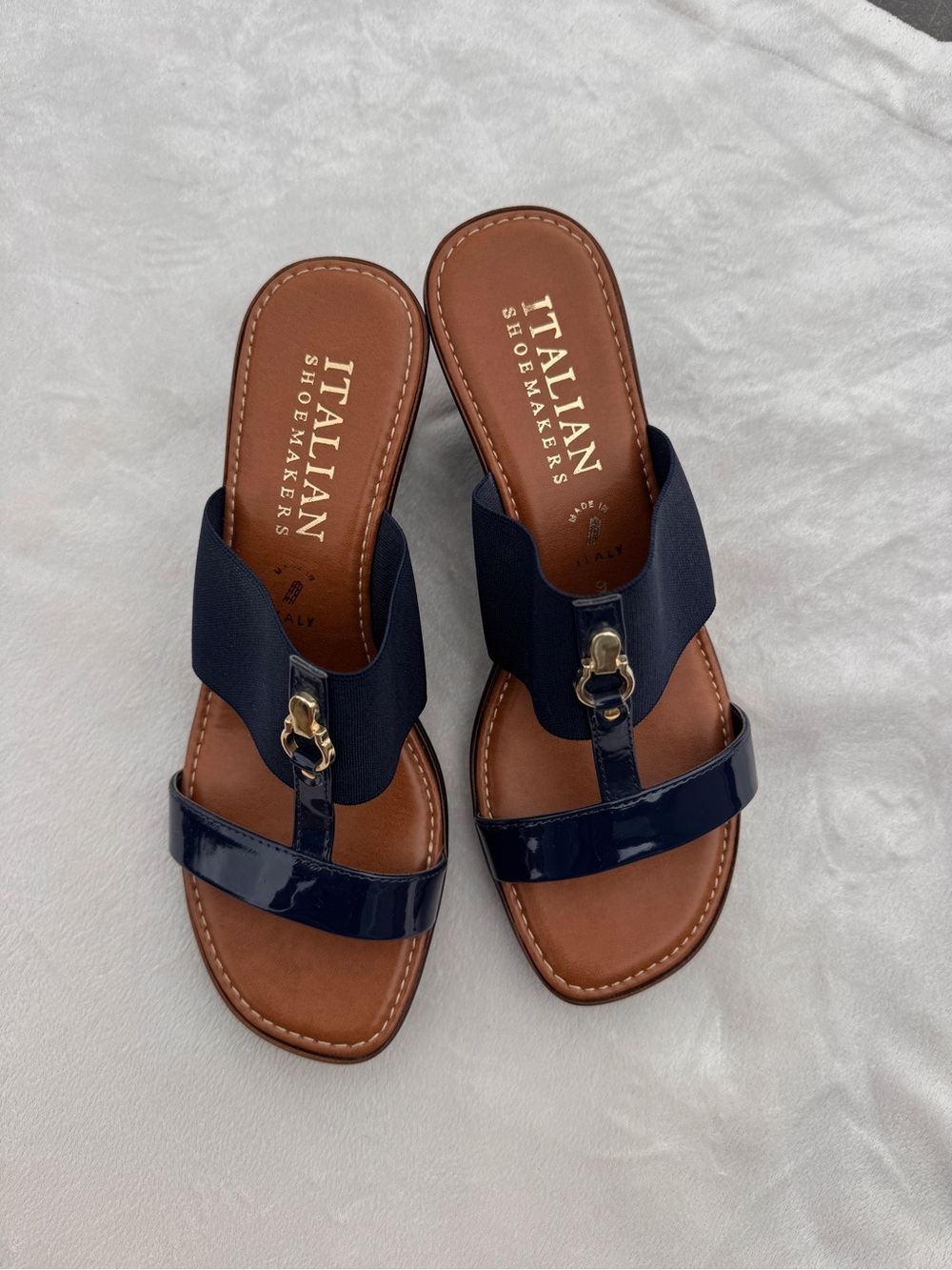 Italian Shoemakers Navy and Tan Slide Sandals with Gold Accent
